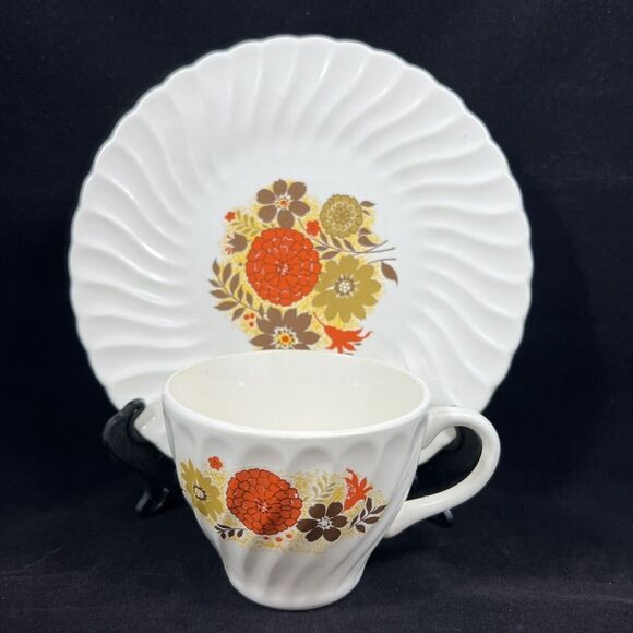 Tempo By Scio Vintage Yellow Orange Floral Cup And Saucer Set Of 2 Retro - Picture 2 of 14
